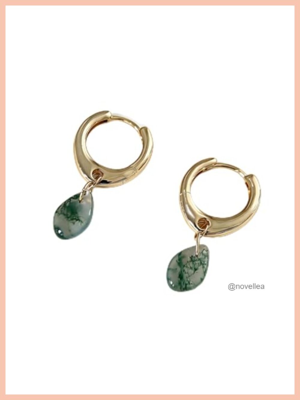 Chunky Gold Huggie Hoop Earrings with Moss Agate Gemstone Charms Lightweight